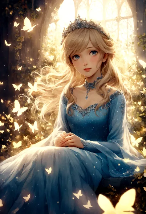 A highly detailed and realistic photo in the style of Disney, featuring a character resembling young Elsa. The image shows young Elsa wearing a sparkling blue dress, surrounded by glowing butterflies. She is sitting on a petal-strewn ledge in a magical, dr...