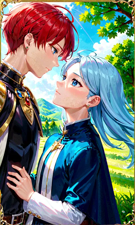 anatomical correct:2, 1boy, 1girl, frieren, himmel (sousou no frieren), outdoors, upper body, eye contact, light blue hair, cape, capelet, earrings, dappled sunlight, day, hand on another&#039;s head, kesyeru, sousou no frieren, blingbling