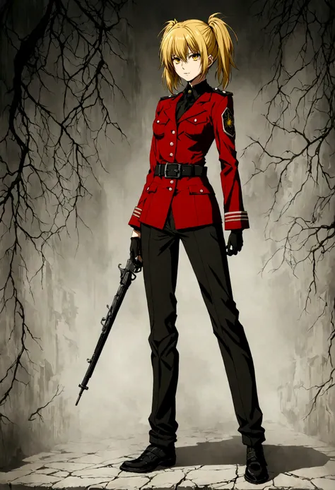 (masterpiece, top quality, best quality, official art, beautiful and aesthetic:1.2), (1girl), extreme detailed,(Victoria Seras, blond short hair, short back twintails, yellow eyes, Hellsing anime, Vampire, Hellsing uniform, yellow military uniform, jumpsui...