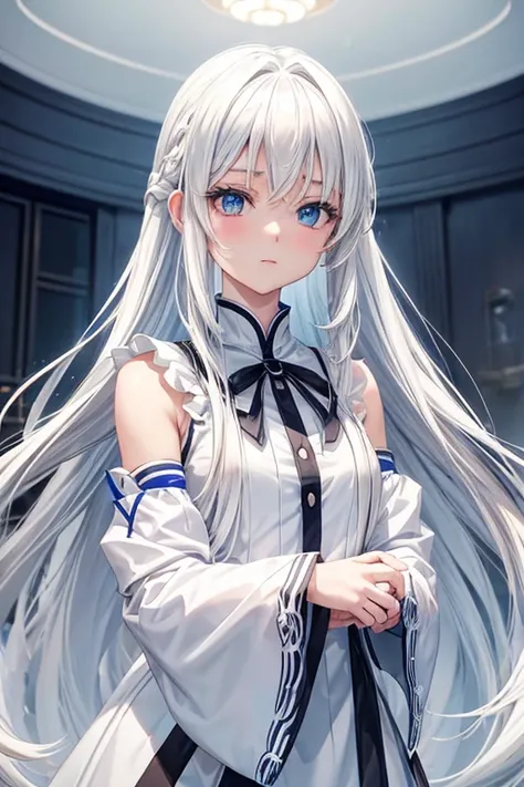 A woman with long white hair and blue eyes stands in a white room.，Anime image of a cute girl, girl with white hair, The perfect gray-haired girl., พระเจ้าwhite hair, white hair, Plow collection style, Cloud Anime, anime girl, anime art style moe, anime gi...