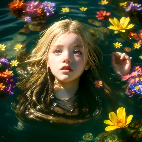 masterpiece of photograph, top view angle, closeup face of a Ireland teen girl long blonde hair, lay and floating​ on water surface, water​ swayed, soaking​ wet, Dynamic​ pose, natural​ light, colorful flowers  on water, water clearly, high detail, kodak f...