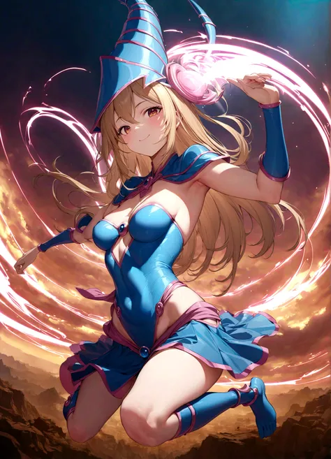 dark magician girl, anatomically correct,  dynamic pose, smiling, elegant, xianxia fantasy style, intricate details, masterpiece, 8k, photorealistic, vibrant colors, dramatic lighting, cinematic composition，solo