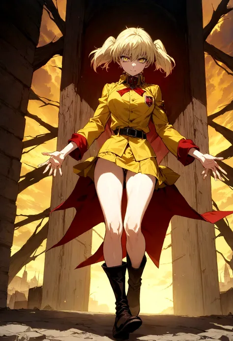 (masterpiece, top quality, best quality, official art, beautiful and aesthetic:1.2), (1girl), extreme detailed,(Victoria Seras, blond short hair, short back twintails, yellow eyes, Hellsing anime, Vampire, Hellsing uniform, yellow military uniform, jumpsui...