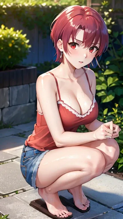 (masterpiece, highest quality:1.2), bazett, FGO, One girl, alone, short hair, Redhead, bangs, Red eyes、blush、Normal beautiful breasts,  Earrings, (camisole:1.3、hot pants),squat、garden、Water with a hose、Its wet with water