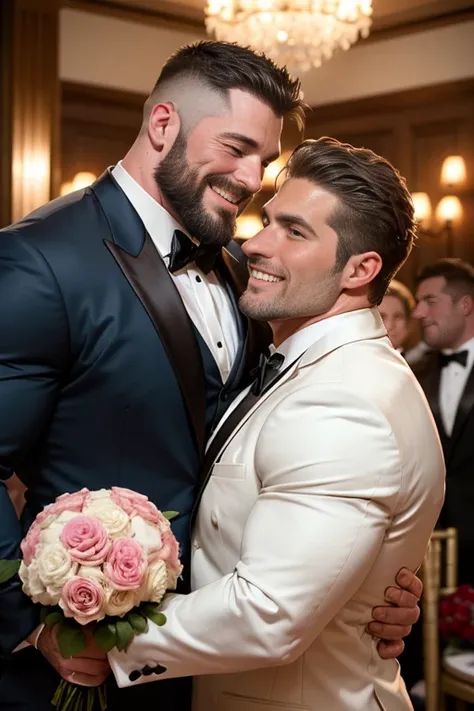 Award-winning original photos，2men, wild muscular men, (40 years old), beards, burly, hunk, jackets, smilling happily, wedding ceremony, (tuxedos), hugging, detailed, lovely, faces closeup, flowers, from the side