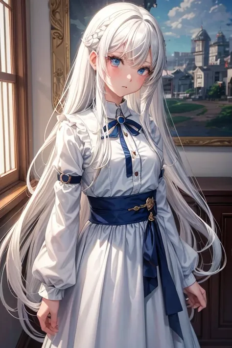 A woman with long white hair and blue eyes stands in a room with an all-white background.，Anime image of a cute girl, girl with white hair, The perfect gray-haired girl., พระเจ้าwhite hair, white hair, Plow collection style, Cloud Anime, anime girl, anime ...