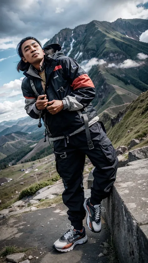 an Indonesian man aged 25 y.o., clean face, wearing a thick jacket, cargo pants, shoes, standing on the top of a mountain holding a climbing stick, next to him is a beautiful girl hugging, beautiful clouds in the background, shot from above , fish eye lens...