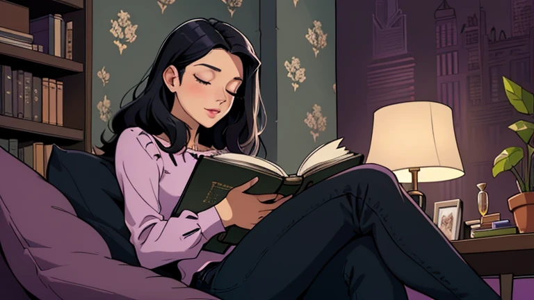 Beautiful woman in her 30s with black hair is sitting on the sofa. Looking down, eyes closed, LOFI girl, alone in the room, blouse, cozy wallpaper, big cushion, bookshelf, relaxing mood, night core, cozy, wide glass window with skyscrapers, outside view at...