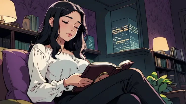 Beautiful woman in her 30s with black hair is sitting on the sofa. Looking down, eyes closed, LOFI girl, alone in the room, blouse, cozy wallpaper, big cushion, bookshelf, relaxing mood, night core, cozy, wide glass window with skyscrapers, outside view at...