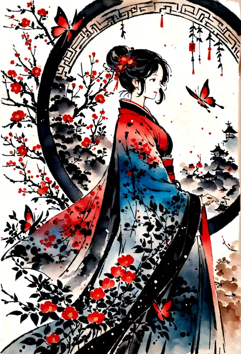 There is a painting of a butterfly and flowers on a white background, Traditional Chinese Watercolor, traditional Chinese ink painting, Chinese watercolor style, traditional Chinese painting, 中traditional Chinese painting风格