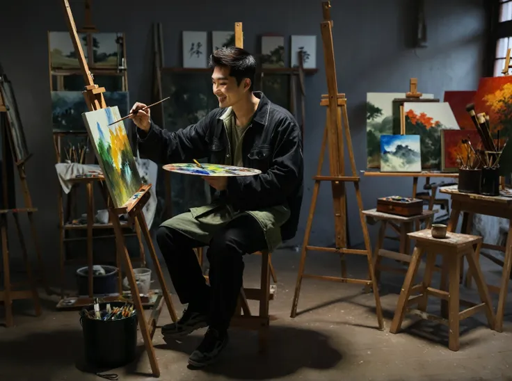 A handsome Chinese painter，Chinese men，Chinese male painter，Smiling，engrossed，Painters studio，Attentively，8k，HD，RAW,