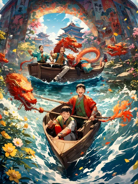 poster design, (SFW), Two boys rowing a boat, Chinese dragon, Spring Outing, Happy, In the background is a small river running through the streets of China, Perfect quality, Be focused, rich and colorful, Perfect face, Intricate details, Ultra low viewing ...