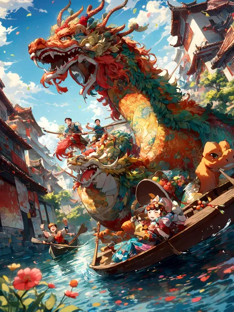 poster design, (SFW), Two boys rowing a boat, Chinese dragon, Spring Outing, Happy, In the background is a small river running through the streets of China, Perfect quality, Be focused, rich and colorful, Perfect face, Intricate details, Ultra low viewing ...