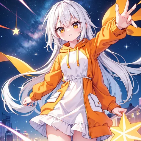 cute, White hair with orange mesh, Shiny, Wearing a hoodie, Star-filled sky,