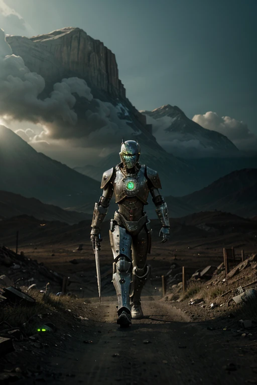 A robotic undead warrior is walking ahead, relentless,green energy aura,the end complete, supernatural,highly detailed, 4k resolution, masterpiece,wasteland scenario,digital art


