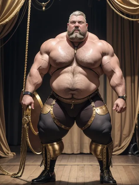  Hyperrealistic image of an elderly blond 19th century steampunk trapeze artist superhero suspended in the air standing inside a Polish bronze hoop with a bare torso Combed gray hair and huge handlebar mustaches A super heavy bodybuilder flexing his muscle...