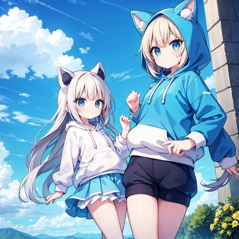 cute, duo, Shiny, Under the blue sky, The two are relative, Wearing a hoodie,