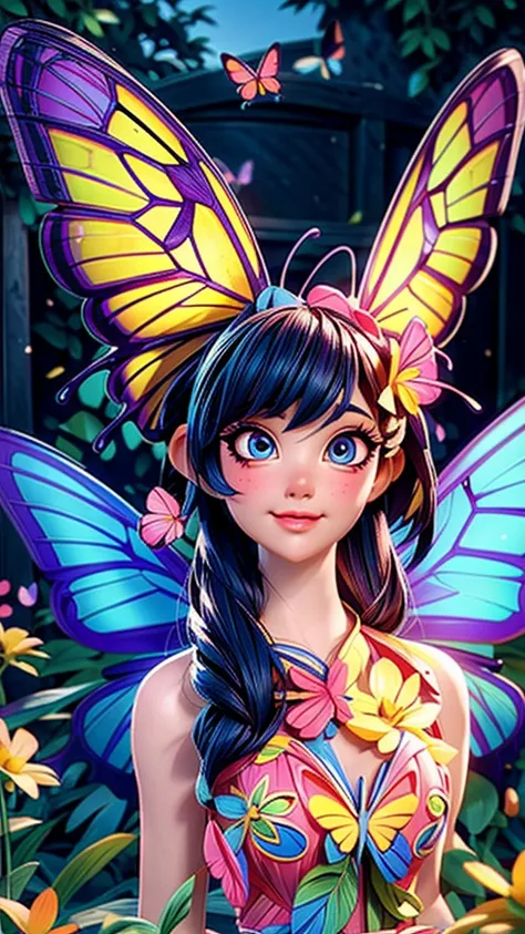 a butterfly girl, beautiful detailed eyes, beautiful detailed lips, extremely detailed eyes and face, long eyelashes, butterfly wings, flying around a flower field, stream, dazzling summer light, vibrant colors, cinematic lighting, highly detailed, photore...