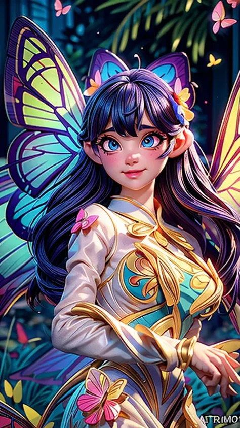 a butterfly girl, beautiful detailed eyes, beautiful detailed lips, extremely detailed eyes and face, long eyelashes, butterfly wings, flying around a flower field, stream, dazzling summer light, vibrant colors, cinematic lighting, highly detailed, photore...