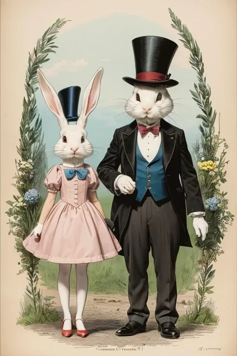 a drawing of two rabbits in suits and hats, anthropomorphic rabbit, portrait of alice in wonderland, inspired by Sir John Tenniel, the white rabbit, by Sir John Tenniel, john tenniel, white rabbit, rabbits, cute anthropomorphic bunny, detailed rabbit in th...