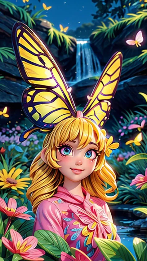 a butterfly girl, flying around a flower field, by a stream, the dazzling light of summer, 1girl, beautiful detailed eyes, beautiful detailed lips, extremely detailed face, long eyelashes, butterfly wings, flower field, stream, summer sunlight, cinematic l...