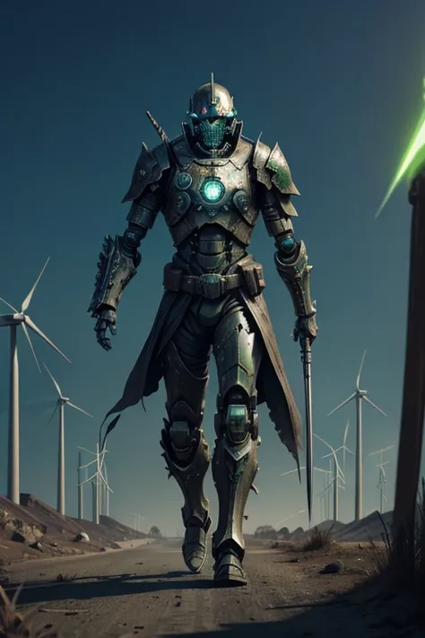 A robotic undead warrior is walking ahead, relentless,green energy aura,the end complete, supernatural,highly detailed, 4k resolution, masterpiece,wasteland scenario,digital art


