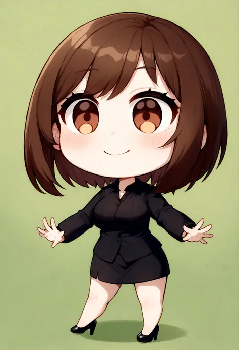 Hands outstretched to the left, Office lady, {{{ shortcut hair }}}, black stoking, smile, 1girl, black polo shirt, shortcut hait, high heels for women, black mini skirt, chibi, green background, staning, brown hair, full body, brown eyes