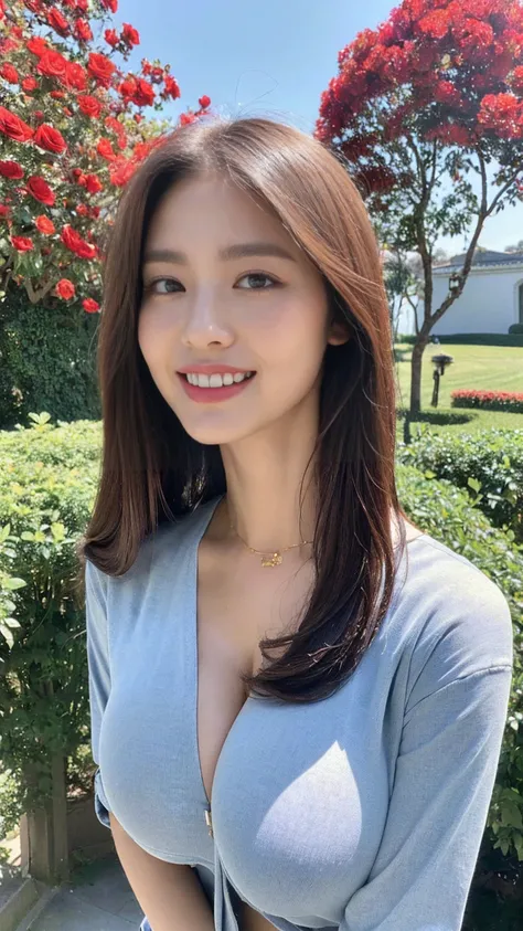 ((highest quality、8k、masterpiece:1.3))、((big boobs:1.3))sharp:1.2、Perfect body beauty:1.4、Slim Abs:1.2、big、Beautiful Face、Laughter、((Businessman、Casual clothing:1.3))、(Red rose garden background:1.2)、Straight hair、Highly detailed face and skin texture、fine...