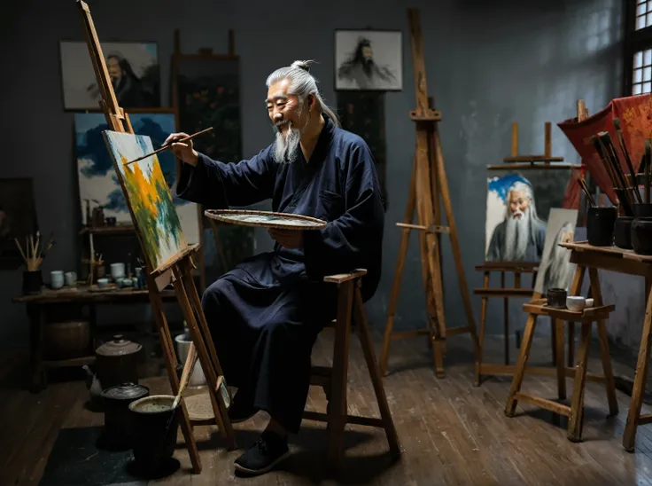 An old Chinese painter，Affable，Silver hair，White hair flowing，White hair flowing到肩，Long beard，Long beard，Chinese men，Chinese male painter，Smiling，engrossed，Painters studio，Attentively，8k，HD，RAW,