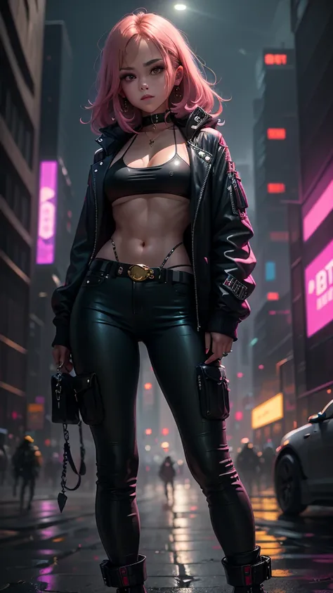 Chica con cabello rosa claro，bikini de oro rosa，pantalones cortos dorados claros，botas，de cerca，lightning，Cyberpunk fantasy