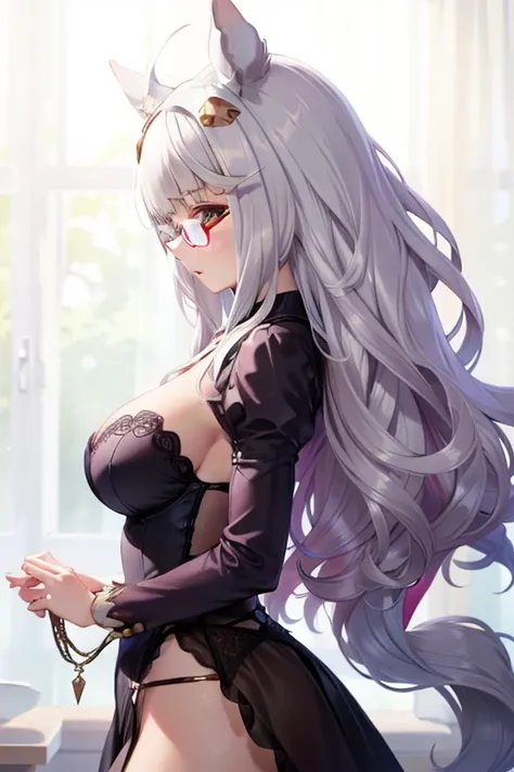 biwa hayahide (umamusume)、wearing a sexy lingerie, under rim glasses, {best quality}, {very aesthetic}, {ultra-detailed}, {best illustration}, nsfw, 1girl, 1man, sex, standing doggy, from side