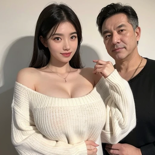 Big breasted girl in knit and her dad