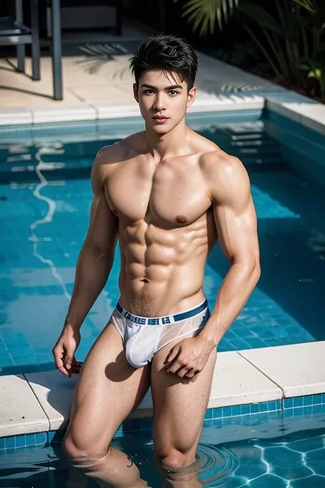 arafed two boys in a wet and transparent micro white hip boxer micro brief, Full Body Shoot, Quiff haircut, look at camera, detailed facial parts, Manly, Bad Boy, Pool background, Sexy Pose,  manaice, perfect anatomy, symmetric body, two asian boys 19 year...