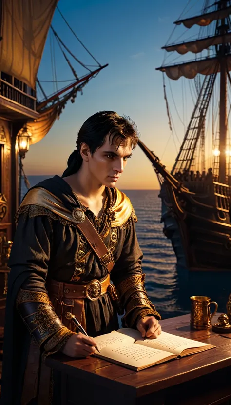 As the sun began to set, The warm golden hues of the sun illuminated his ornate attire, casting a warm glow across the area, Julius Caesar writing poetry on a pirate ship, background dark, hyper realistic, ultra detailed hyper realistic, photorealistic, St...