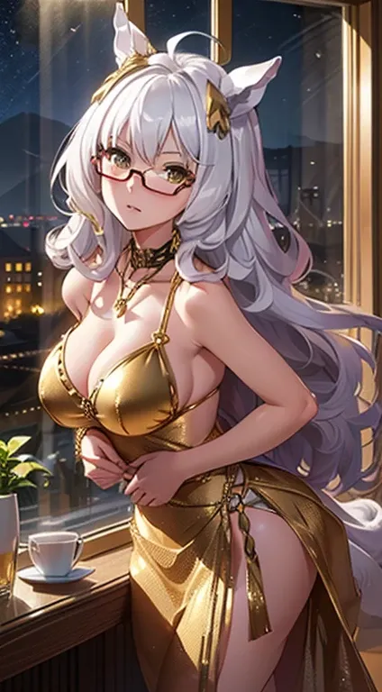 top-quality、Top image quality、biwa hayahide (umamusume)、under rim glasses、 ​masterpiece、girl with((20yr old、Best Bust、big bast、Bust 85、Breasts wide open、A slender、Large valleys、Gold Bikini、Gold Dress,Leaning forward、Reflecting the whole body)）hiquality、Bea...