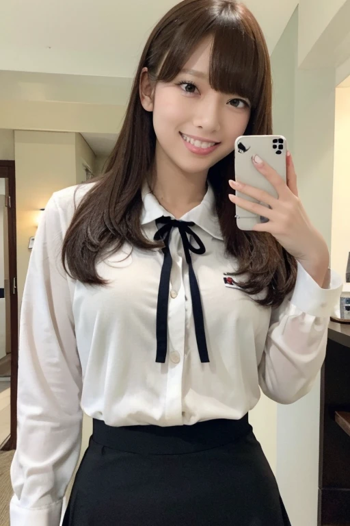 Gravure idol pose　Hotel　uniform　White clothes　high resolution　Not too small bust　Black Mini Skirt　Skirts should be shortened