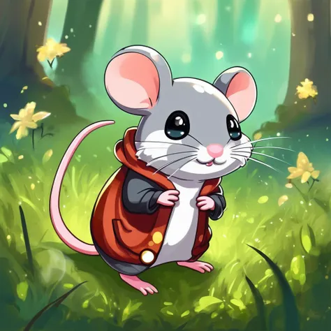 A little mouse standing in the grass, , Cute digital art, , MapleStory Mouse, Cute mouse Pokémon, Cute forest creatures, Fantasy painting，Lovely, Magic concept art, Epic Concept Art. Bokeh, Anthropomorphic mouse