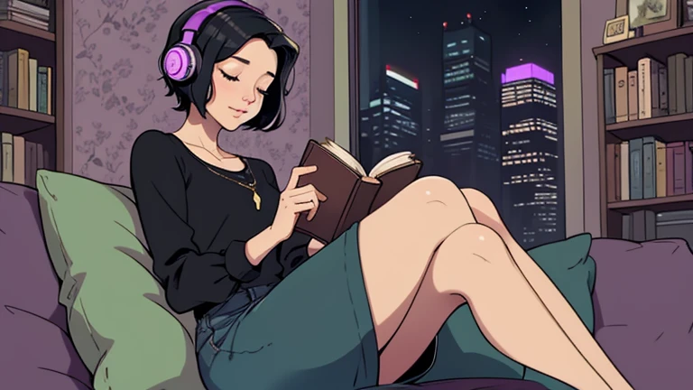 Beautiful woman in her 30s with short black hair is sitting with headphones on the sofa. Looking down, eyes closed, LOFI girl, alone in the room, blouse, cozy wallpaper, big cushion, bookshelf, relaxing mood, night core, cozy, wide glass window with skyscr...