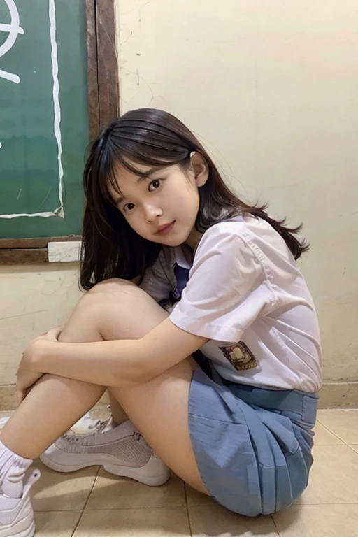 indonesian face girl, wear skirt, girl sitting on floor, classroom, hugging own leg, seeing panties on skirt, visible white pant...