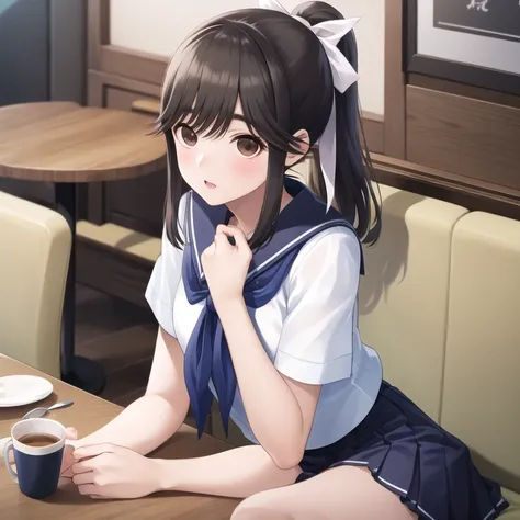 masterpiece, highest quality, High resolution, Amanaka, Long Hair, ponytail, Hair Ribbon, serafuku, White shirt, Short sleeve, Sailor collar, Blue neckerchief, Pleated skirt, Blue Skirt, indoor, Cafe, cup, table, Sitting,