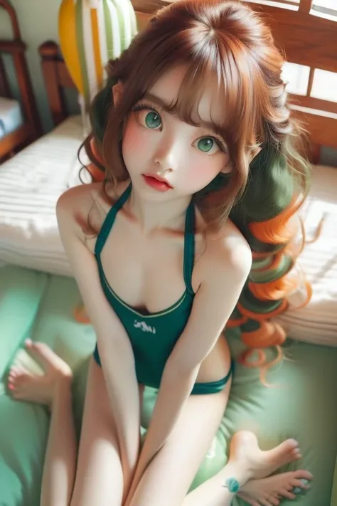 best quality, masterpiece, (very small breasts:1.3), from above, pov, barefoot, (bedroom:1.3), (student swimwear:1.5), miorine rembran, ahoge, (green eyes:1.5), orange hair, hair between eyes, (long curly hair:1.25), swept bangs, nude breast