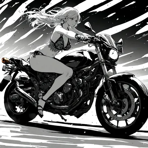 Beautiful woman in bikini riding a cool motorbike. 