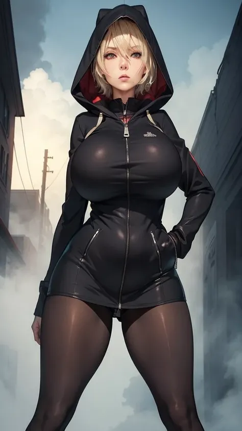 Silent hill city, fog, huge boobs, huge hips, darkness woman black hair, full zip coat black, long polo shirt, pencil mini skirt, pantyhose, hood, gloves, knife, fog, strong stance,