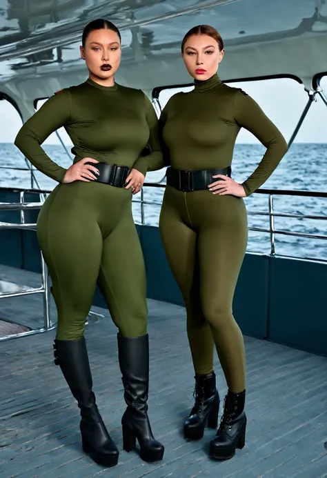 Two women in army green outfits posing for a picture, a colorized photo inspired by Vanessa Beecroft, trending on cg society, digital,big  art, thicc, tight outfit, thick thigs, tight attire, tight fit, wearing military outfit, militaristic!!!, thick, vary...