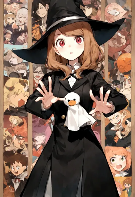 (hair swept bangs:1.3) (brown hair:1.3), a cartoon picture of a woman in a hat and a black coat, anya from spy x family, witch academia, from cryptid academia, marisa kirisame, marin kitagawa fanart, flirty anime witch casting magic, nami one piece, yoko t...