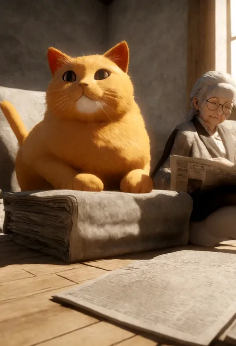 3D Animation, personality: The chubby orange cat, now named "bắp", sitting next to the old lady as she reads the newspaper. Show mutual love and companionship between them. Unreal engine, hyper real --q 2 --v 5.2 --ar 16:9