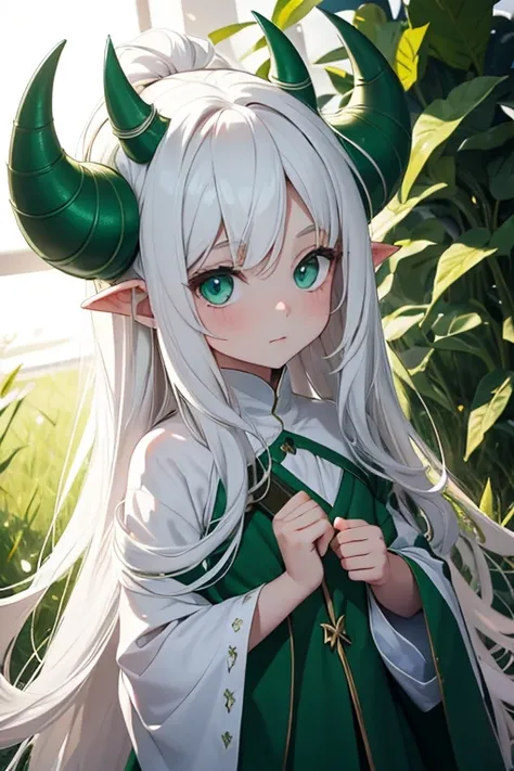 A three year old kid with white long hair, fair skin, green eyes and white horns