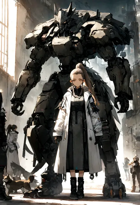 (ponytail forehead hair pulled back:1.3), a woman in a white coat and black boots standing next to a dog, from arknights, by Jin Homura, official character art, female anthropomorphic wolf, good boy giant mecha wolf hound, arknights, modern sci-fi anime, s...