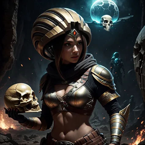 a female warrior is holding a Alienss skull in her hand and talking to it
