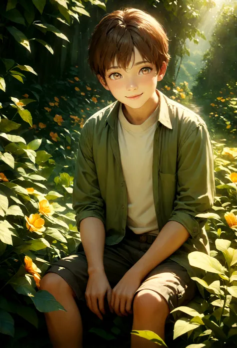 A young boy, detailed facial features, beautiful eyes, cute smile, short brown hair, sitting outdoors in a lush green garden, surrounded by flowers, sunlight filtering through the leaves, cinematic lighting, warm color tones, detailed textures, photorealis...